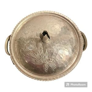 Hammered aluminum 8” round covered serving dish - VTG. unsigned - ornate floral
